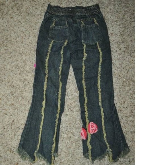 *Jeans Beetlejuice sz 6/6X Blue Frayed Jagged Hem Fabric Floral Rose Denim Girls - Picture 5 of 6